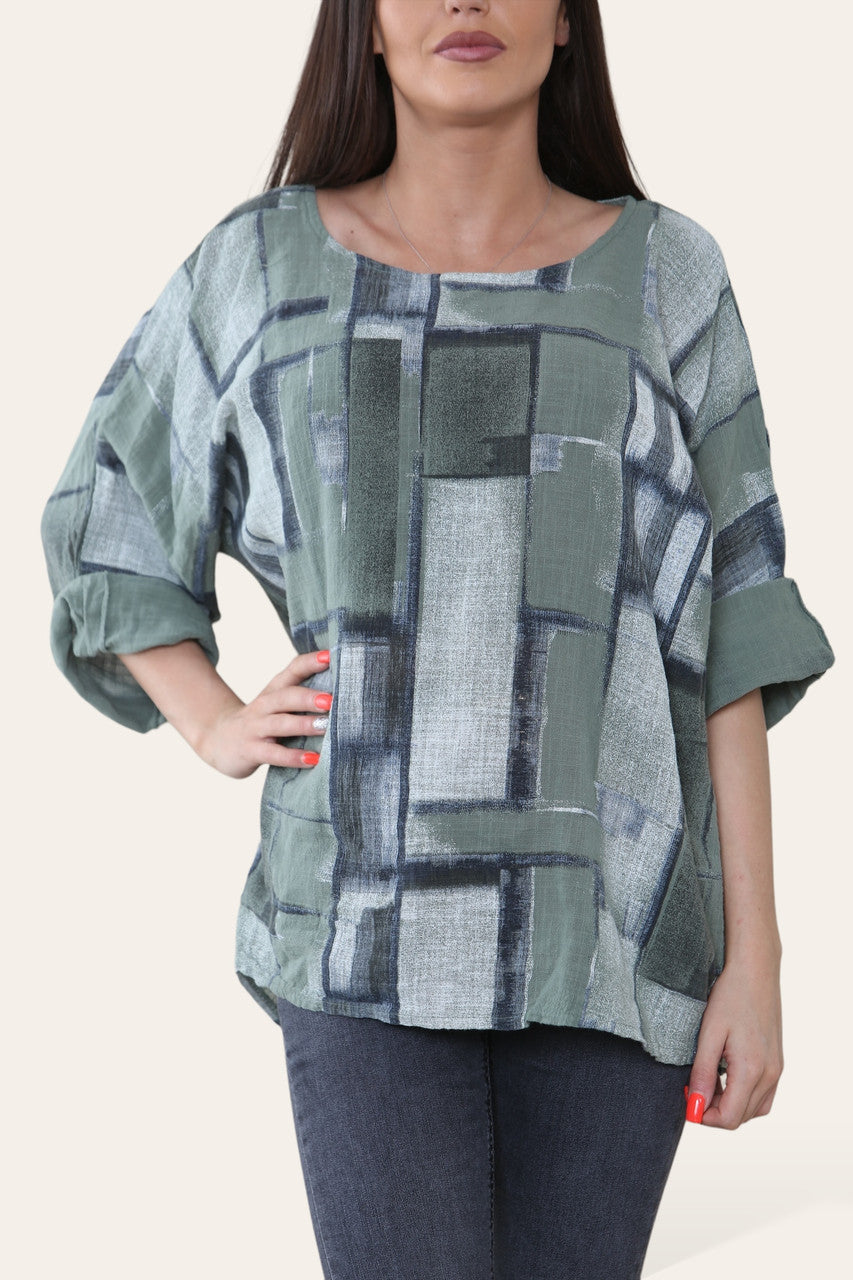 VIERKANTE GEOMETRISCHE VORMEN PRINT TOP KAKI
