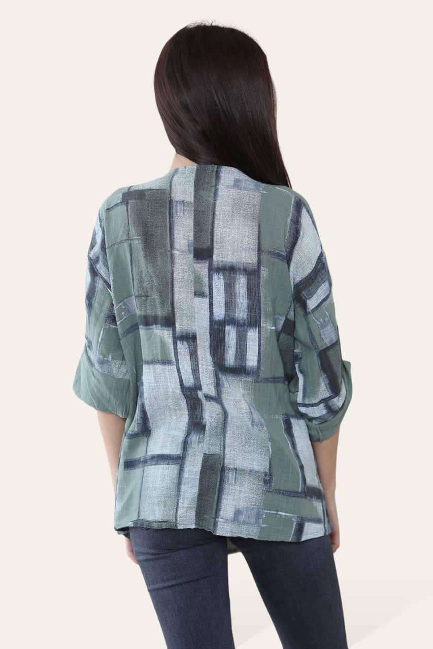 VIERKANTE GEOMETRISCHE VORMEN PRINT TOP KAKI