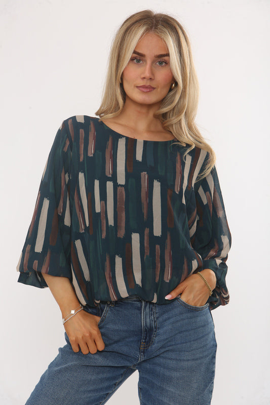 ABSTRACT BRUSHSTROKE PRINT BLOUSE TEAL