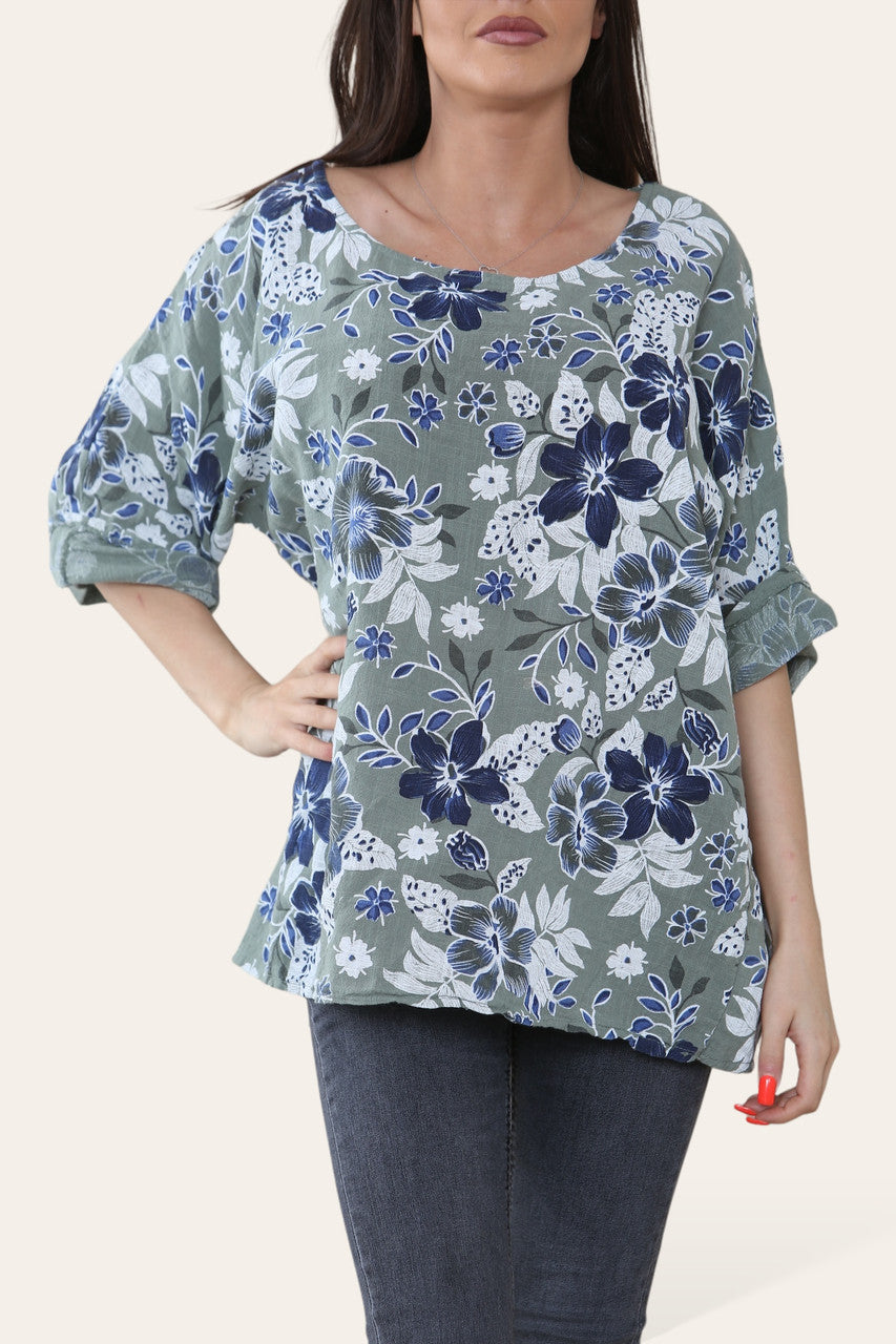 TOP MET BLOMMETJESPRINT KHAKI