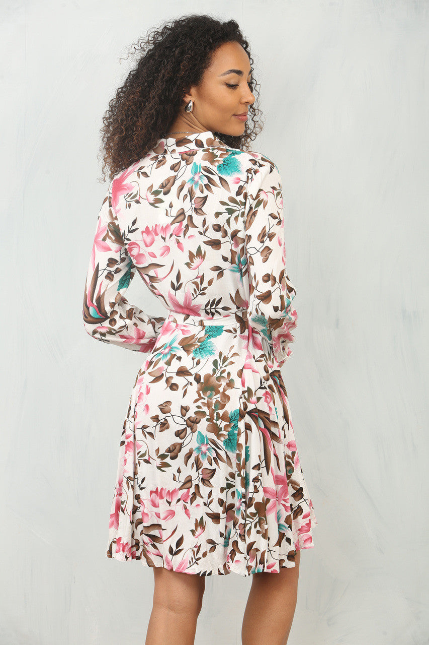 TROPICAL FLORAL PRINT SHIRT DRESS  - WHITE