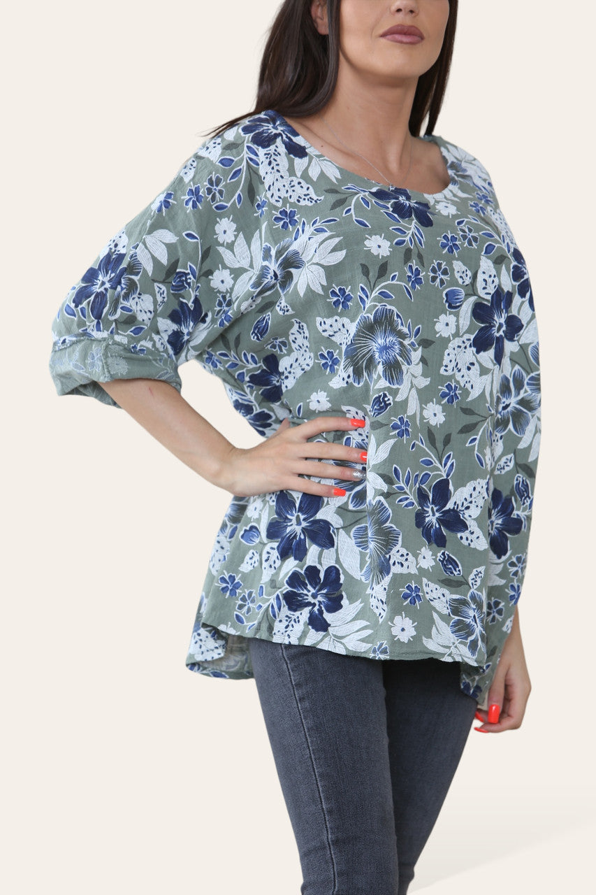 TOP MET BLOMMETJESPRINT KHAKI