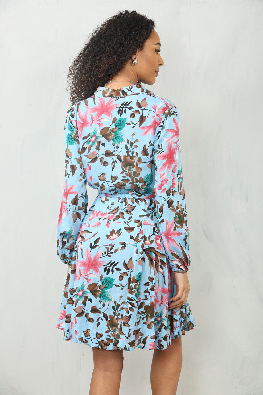 TROPICAL FLORAL PRINT SHIRT DRESS  - LIGHT BLUE
