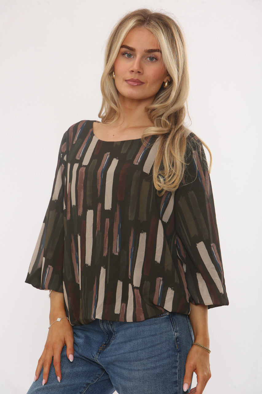 BLOUSE MET ABSTRACTE PENSEELSTREEKPRINT KHAKI