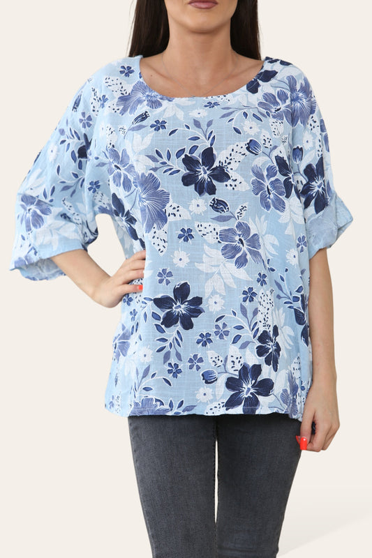 FLOWERS MIX PRINT TOP SKY BLUE