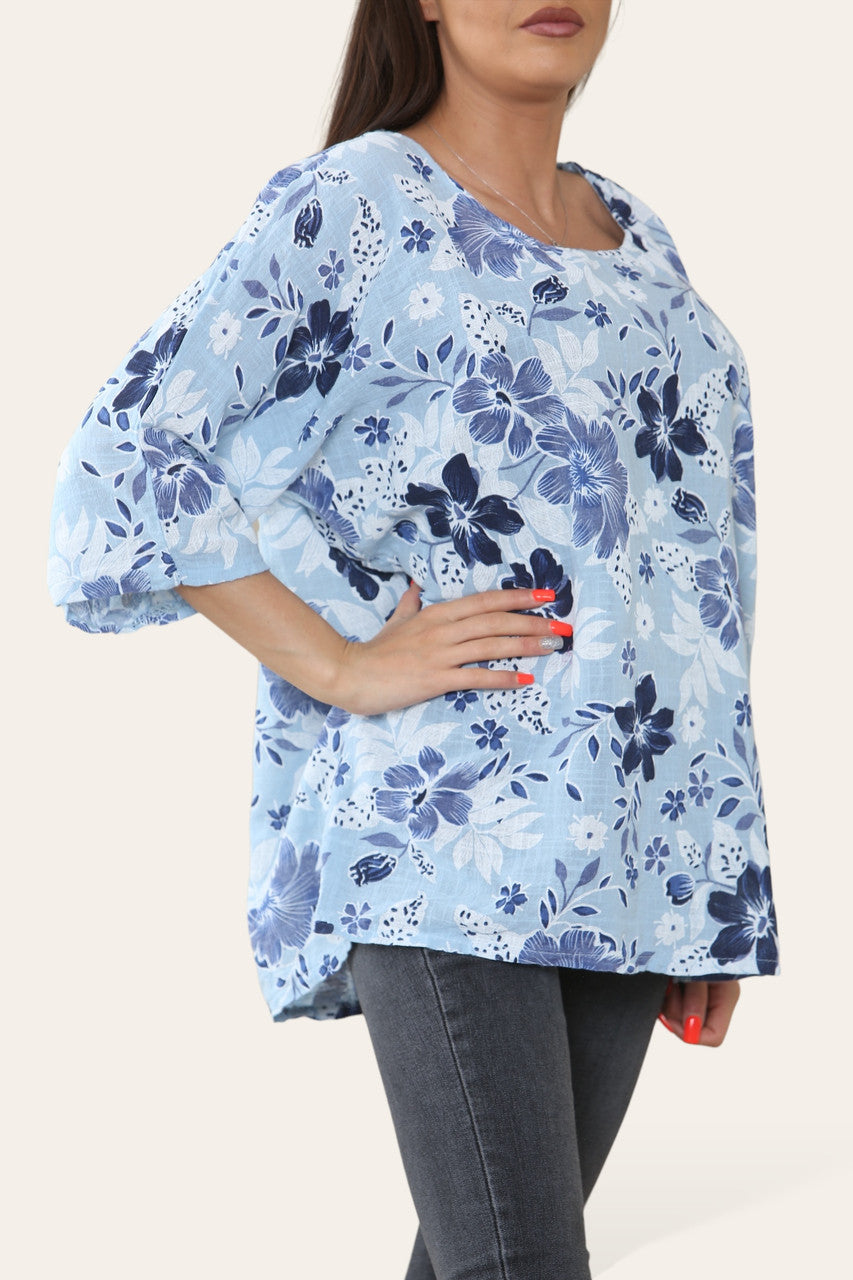 BLOEIMIX PRINT TOP HEMELSBLAUW