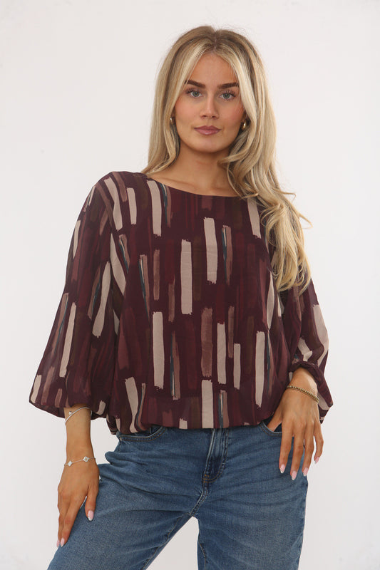 ABSTRACT BRUSHSTROKE PRINT BLOUSE WINE
