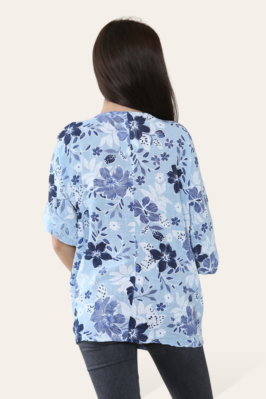 BLOEIMIX PRINT TOP HEMELSBLAUW