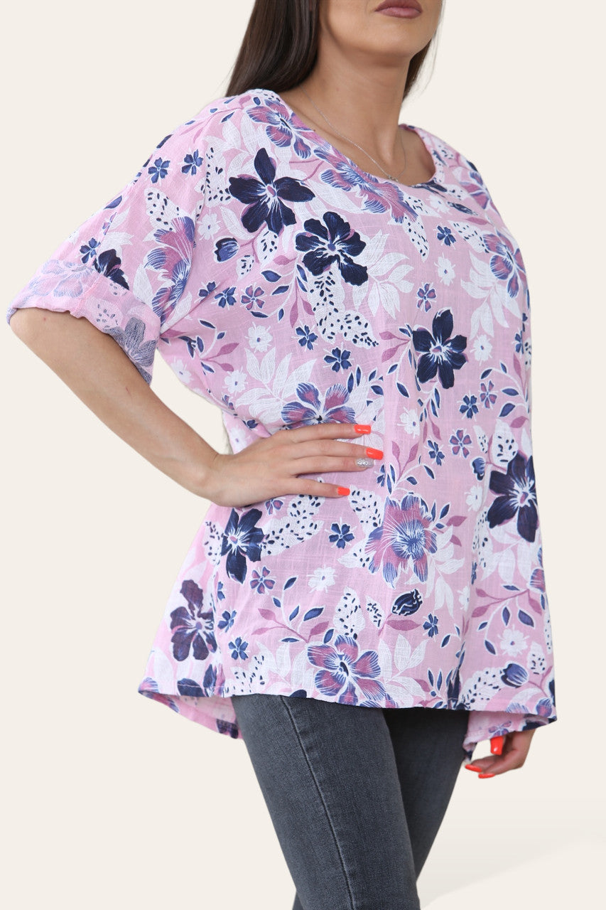 TOP MET BLOEMENMIXPRINT LILA