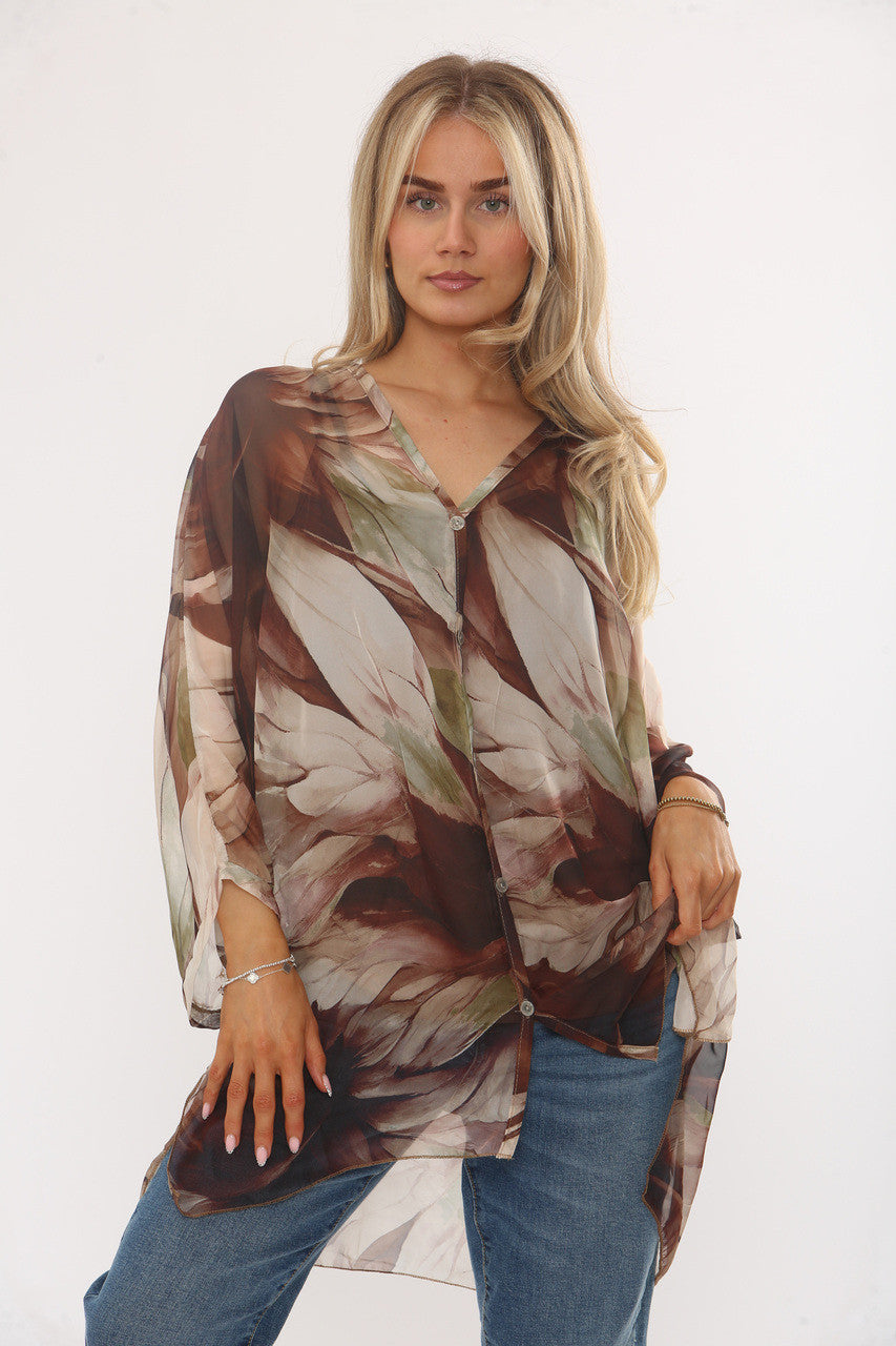 ABSTRACT LEAVES PRINT FLOATY BLOUSE WITH VEST - BROWN