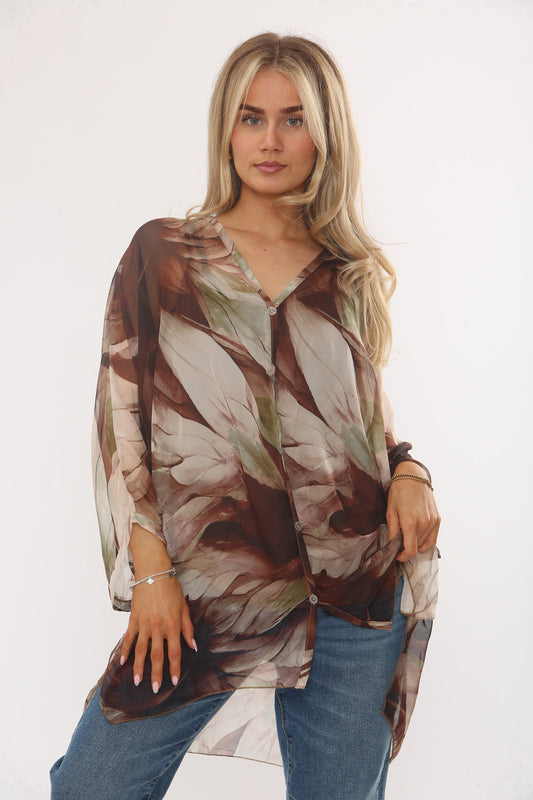 ABSTRACT LEAVES PRINT FLOATY BLOUSE WITH VEST - BROWN