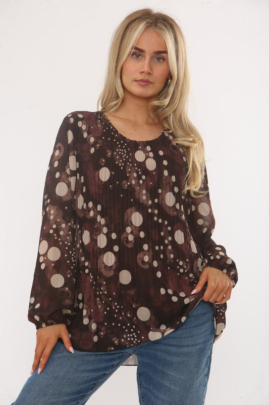 ABSTRACT POLKA DOT PRINT PLEATED BLOUSE BROWN
