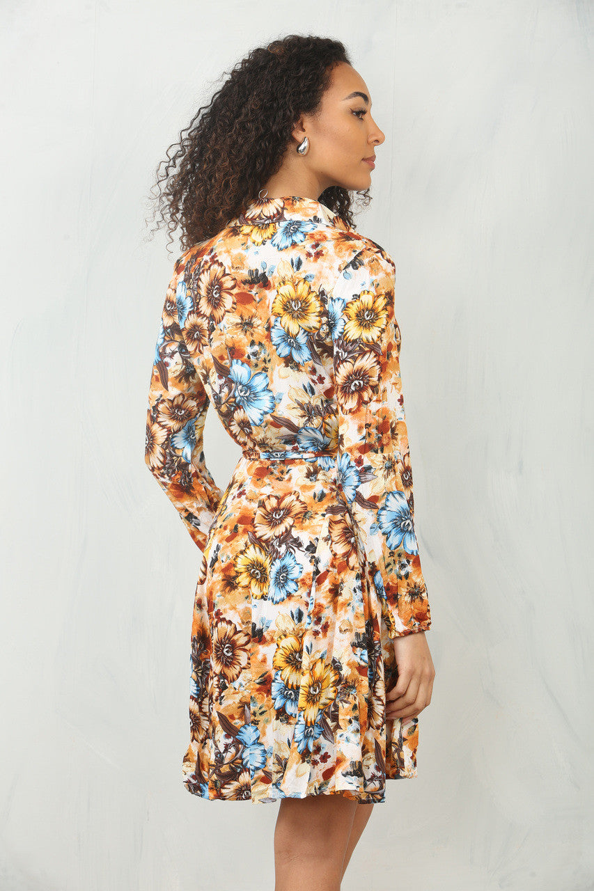 PANSY FLORAL PRINT SHIRT DRESS  - ORANGE