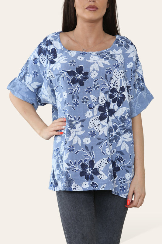 FLOWERS MIX PRINT TOP DENIM