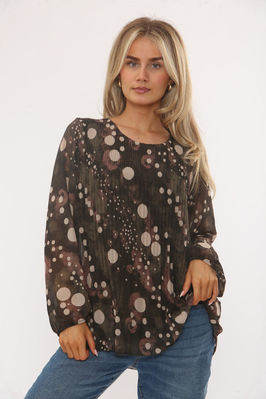 ABSTRACT POLKA DOT PRINT PLEATED BLOUSE KHAKI