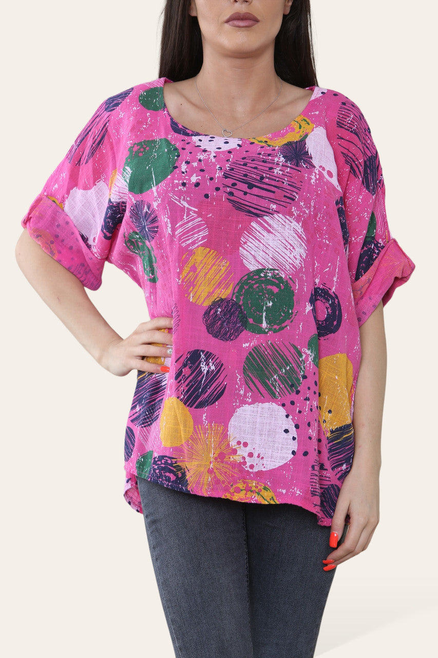 RONDE STEMPELS VERFSPAT PRINT TOP CERISE