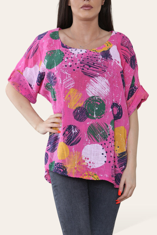 CIRCLE STAMPS PAINT SPLASH PRINT TOP CERISE