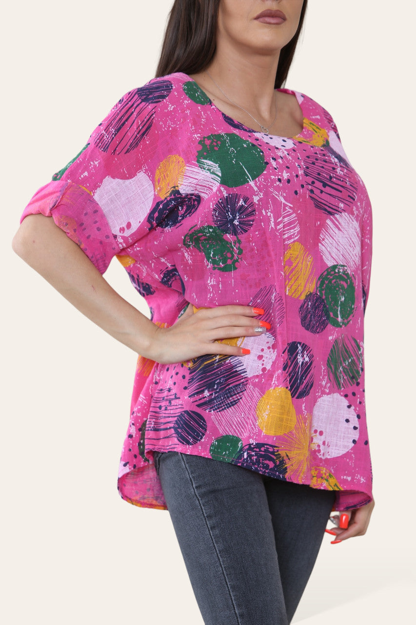 RONDE STEMPELS VERFSPAT PRINT TOP CERISE