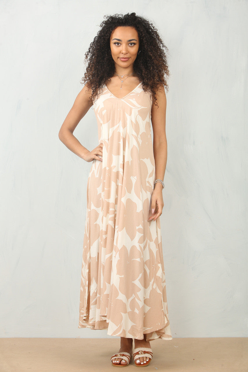 BLOEMEN SILHOUET PRINT MOUWLOZE MAXI JURK - ZAND