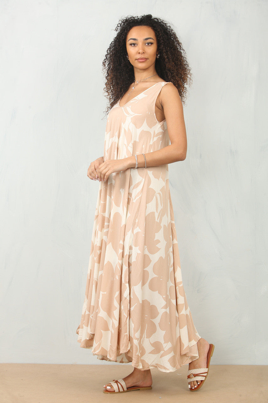 BLOEMEN SILHOUET PRINT MOUWLOZE MAXI JURK - ZAND