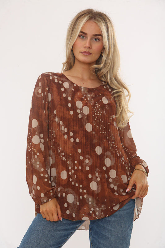 ABSTRACT POLKA DOT PRINT PLEATED BLOUSE RUST