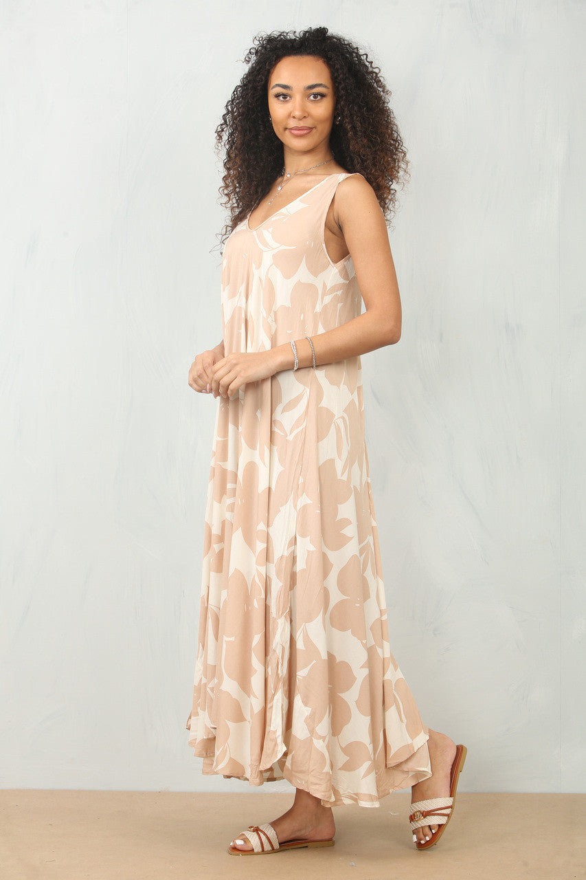 BLOEMEN SILHOUET PRINT MOUWLOZE MAXI JURK - ZAND
