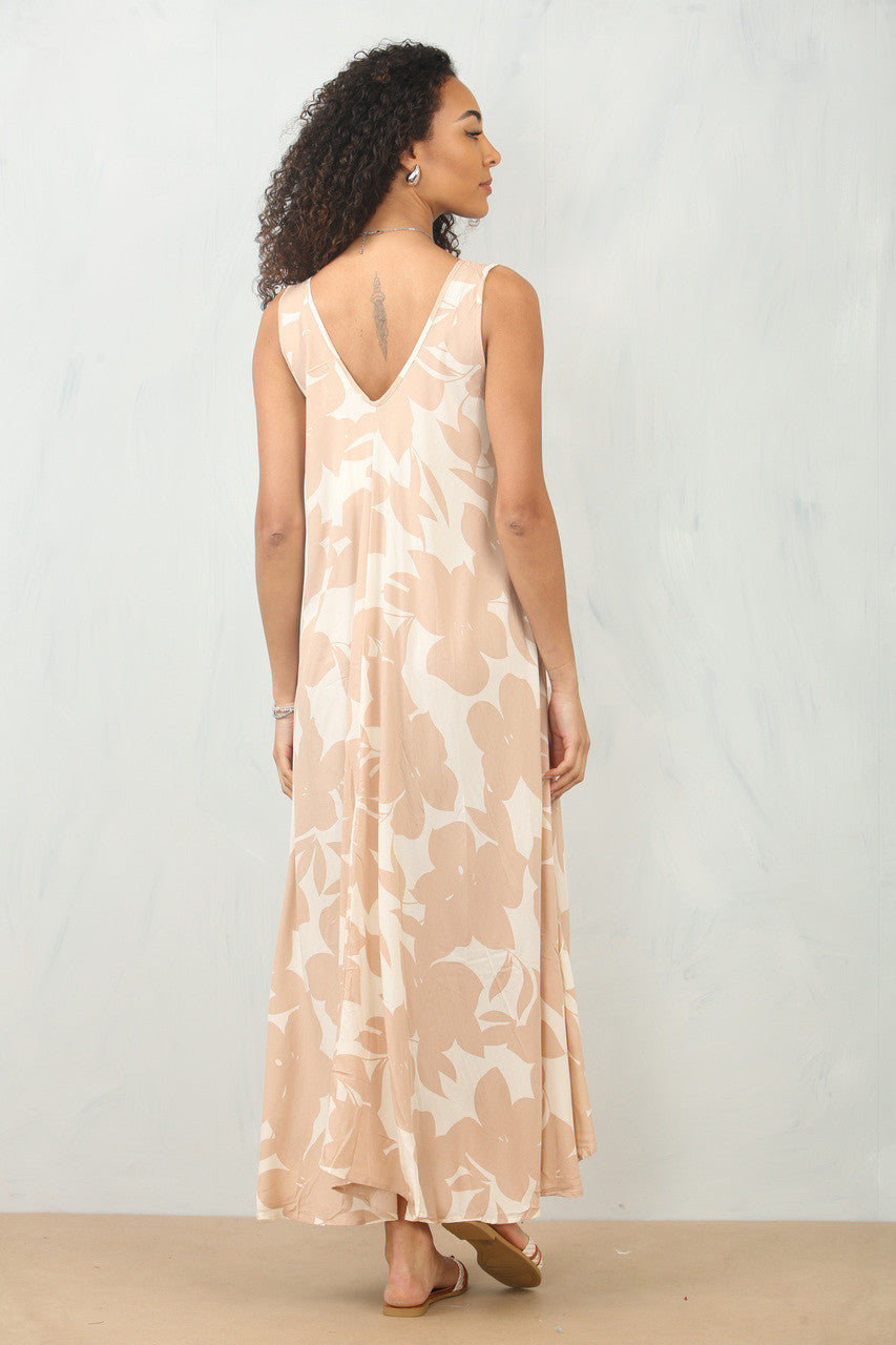 BLOEMEN SILHOUET PRINT MOUWLOZE MAXI JURK - ZAND