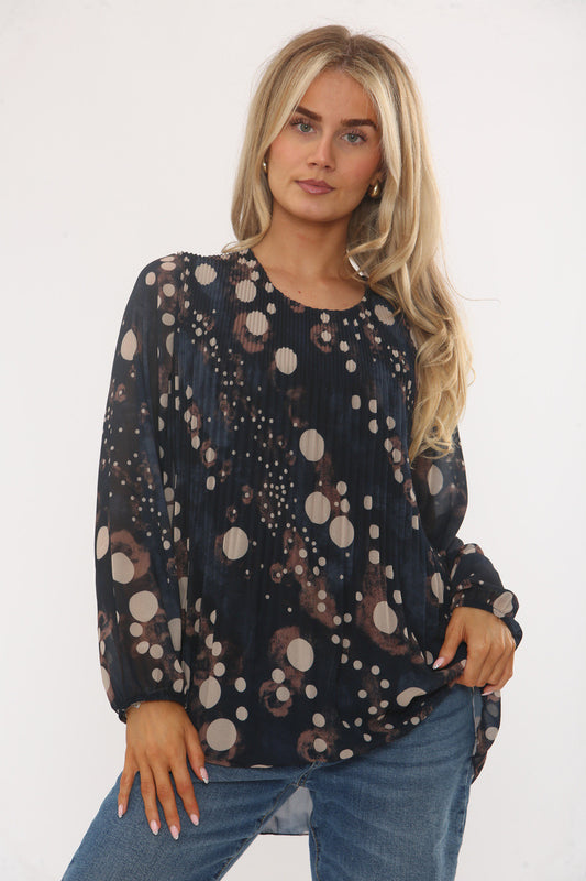 ABSTRACT POLKA DOT PRINT PLEATED BLOUSE NAVY