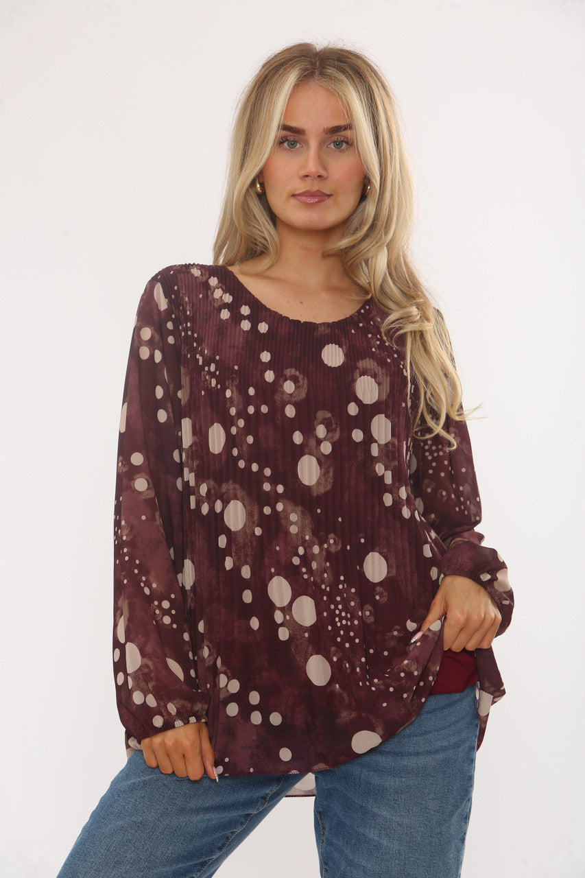 ABSTRACTE POLKADOT PLOOIBLOUSE BORDEAUXROOD