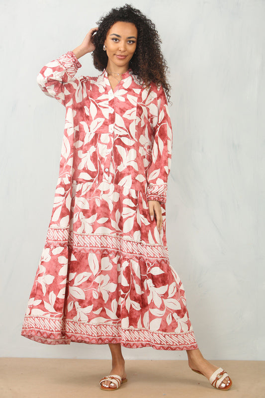 LEAF PRINT MAXI SHIRT DRESS - RED