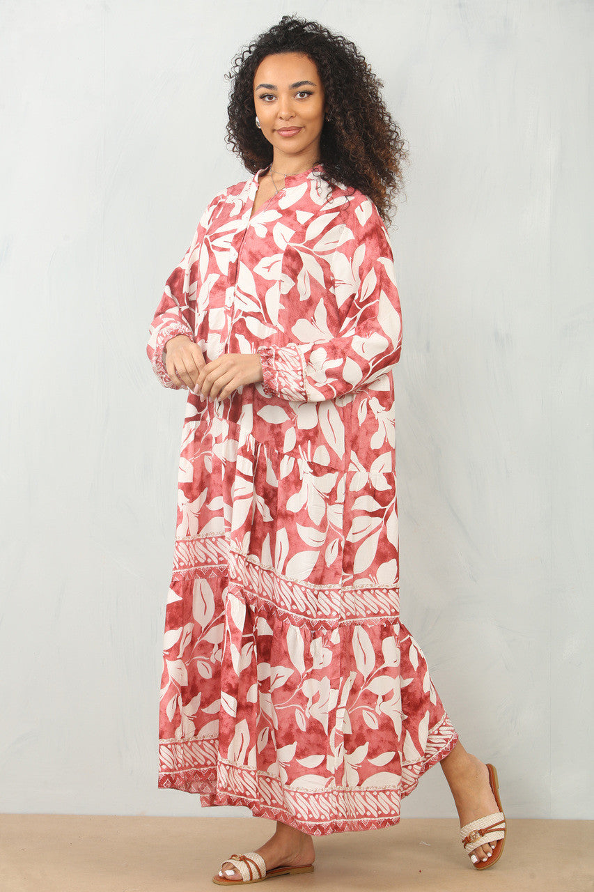MAXI OVERHEMDJURK MET BLADPRINT - ROOD
