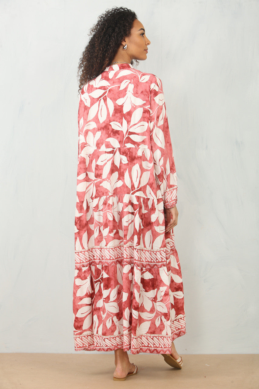 MAXI OVERHEMDJURK MET BLADPRINT - ROOD