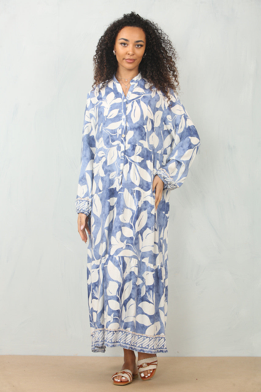 MAXI OVERHEMDJURK MET BLADPRINT - DENIM