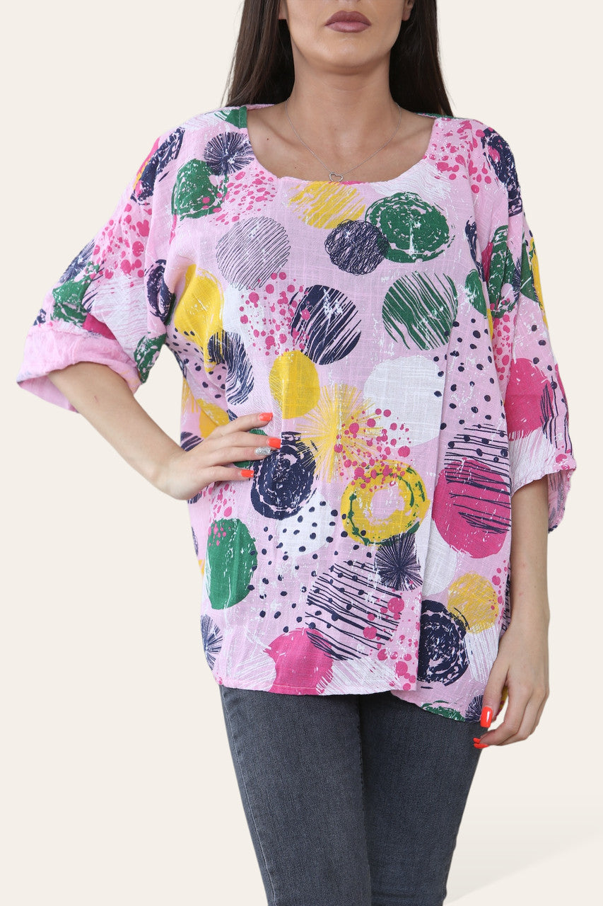 RONDE STEMPELS VERFSPAT PRINT TOP ROZE