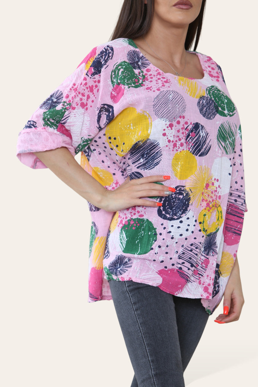 RONDE STEMPELS VERFSPAT PRINT TOP ROZE