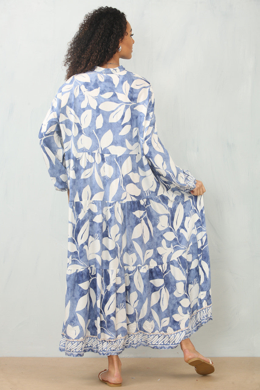 MAXI OVERHEMDJURK MET BLADPRINT - DENIM
