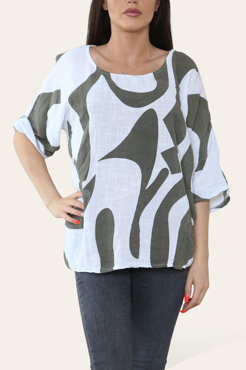 TOP MET ABSTRACTE VORMENPRINT KHAKI