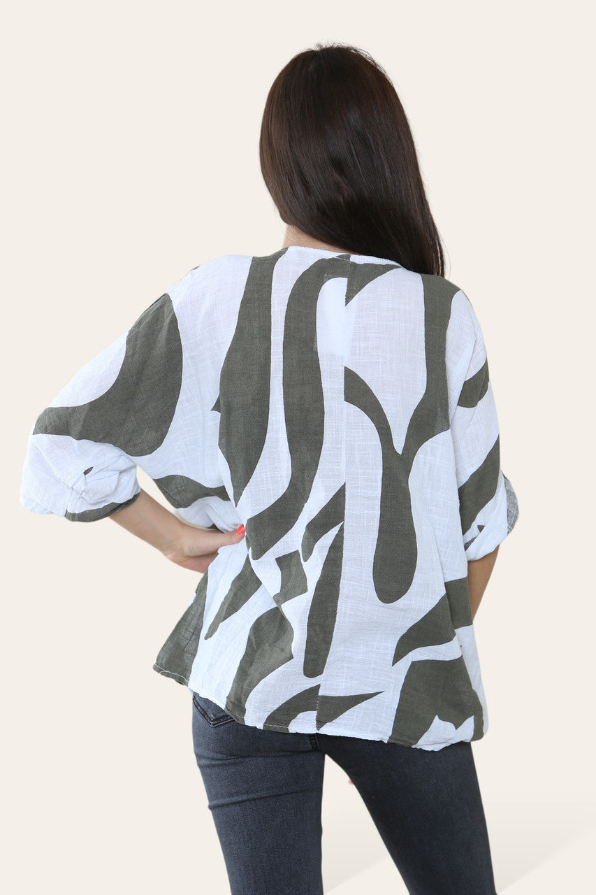 TOP MET ABSTRACTE VORMENPRINT KHAKI