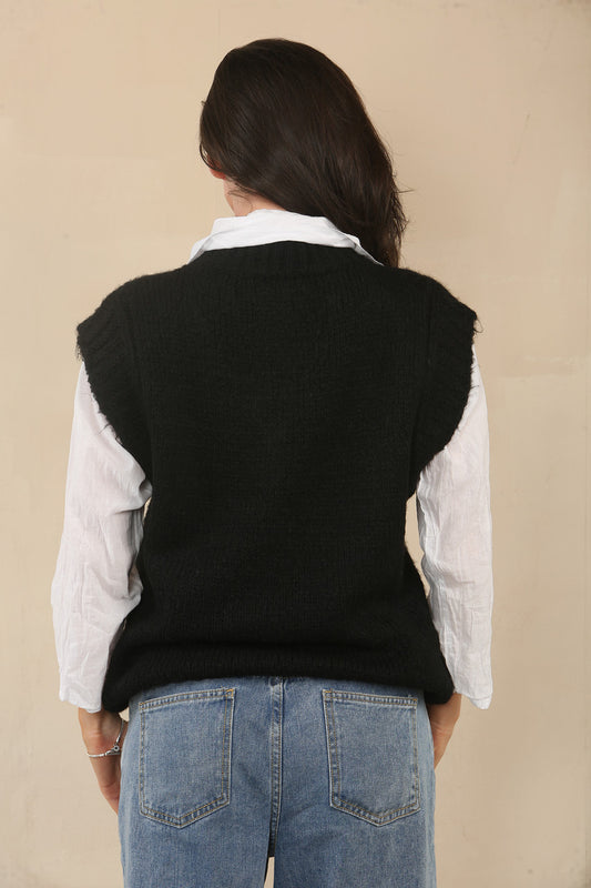 KNITTED VEST TANK TOP - BLACK