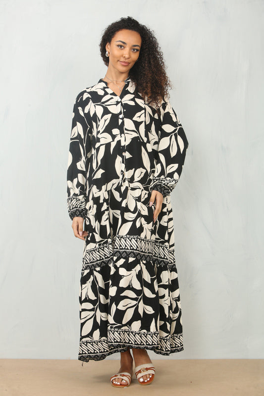 LEAF PRINT MAXI SHIRT DRESS - BLACK