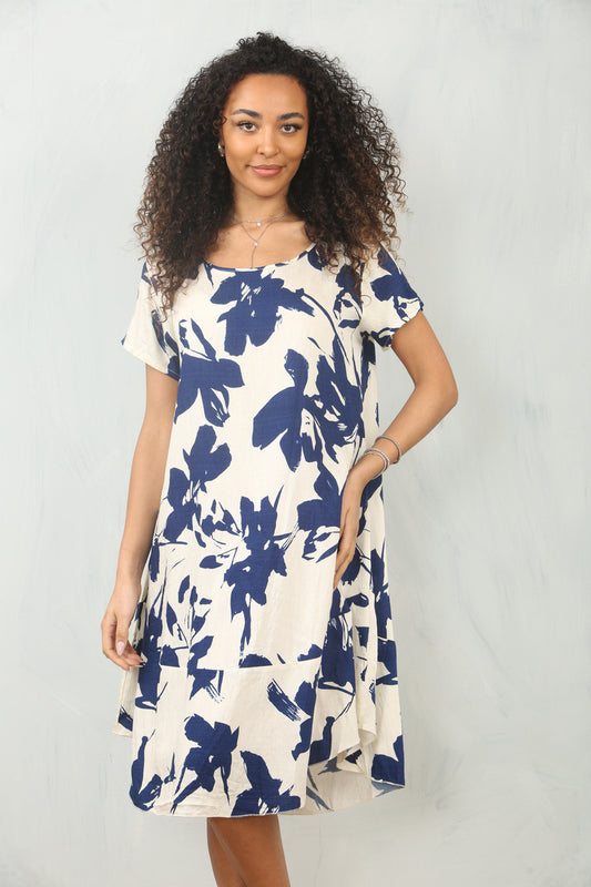 FLORAL SILHOUETTE PRINT SHIFT DRESS - NAVY
