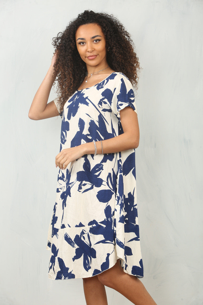 FLORAL SILHOUETTE PRINT SHIFT DRESS  - NAVY