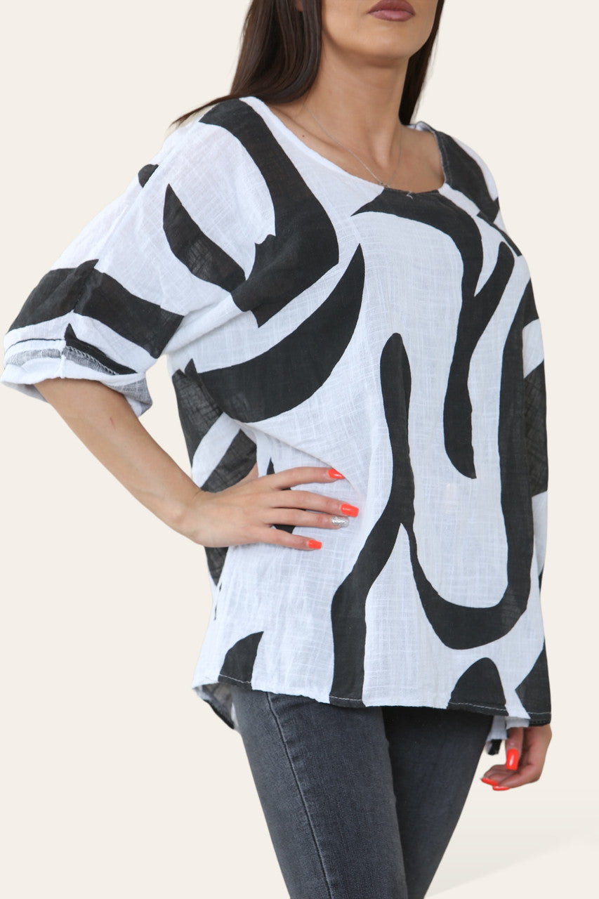 TOP MET PRINT VAN ABSTRACTE VORMEN ZWART