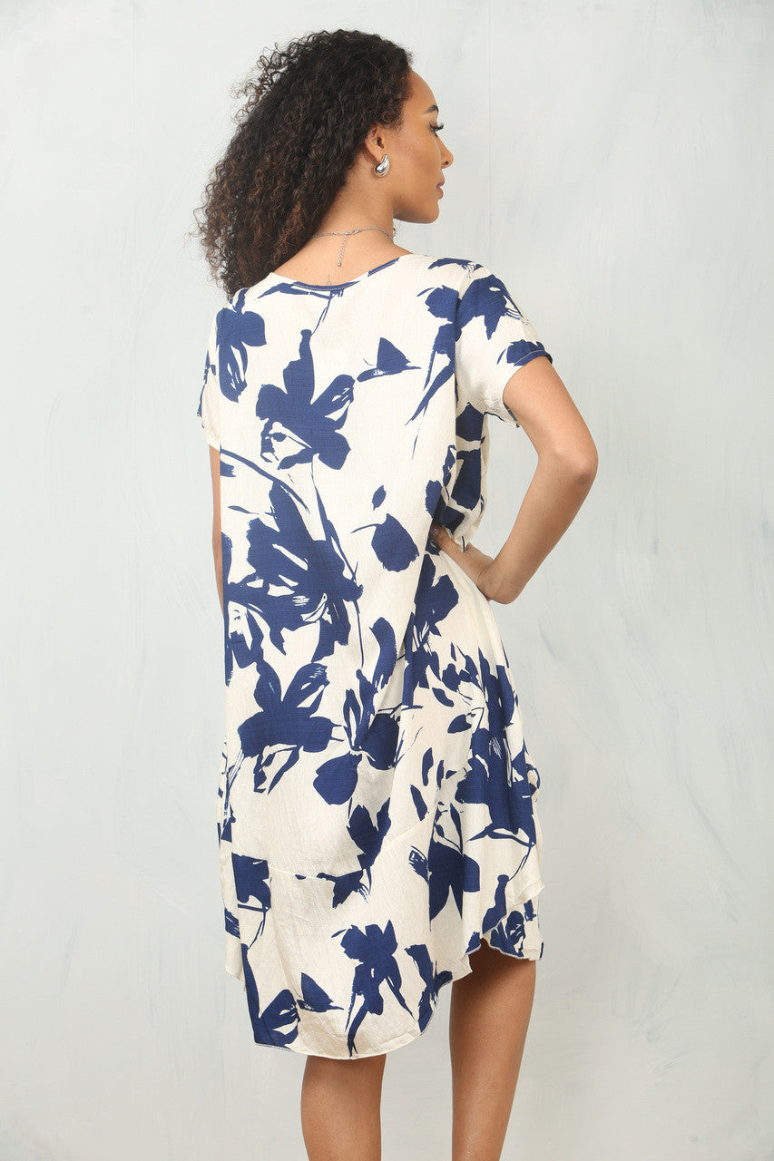 FLORAL SILHOUETTE PRINT SHIFT DRESS  - NAVY