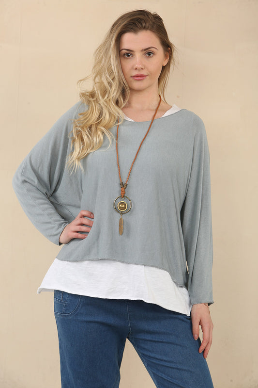 PLAIN 2 LAYER TOP WITH NECKLACE - CHARCOAL