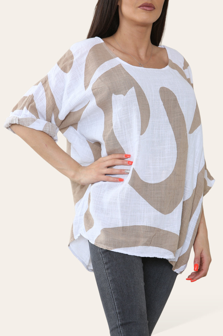 TOP MET PRINT VAN ABSTRACTE VORMEN STEENKLEUR