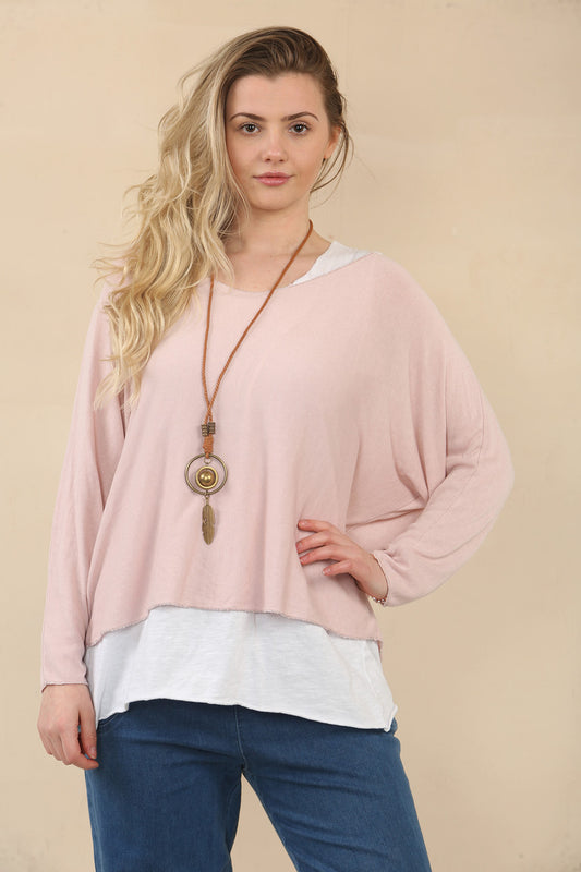 PLAIN 2 LAYER TOP WITH NECKLACE - DUSTY PINK