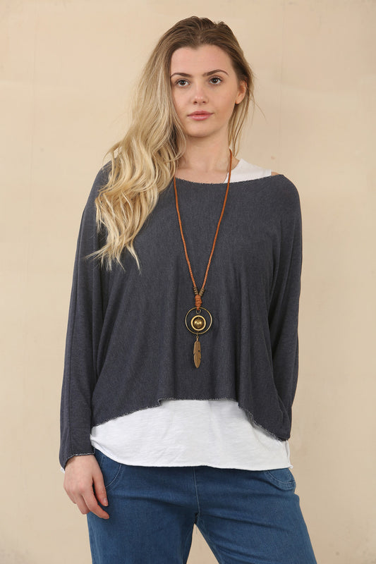 PLAIN 2 LAYER TOP WITH NECKLACE - NAVY