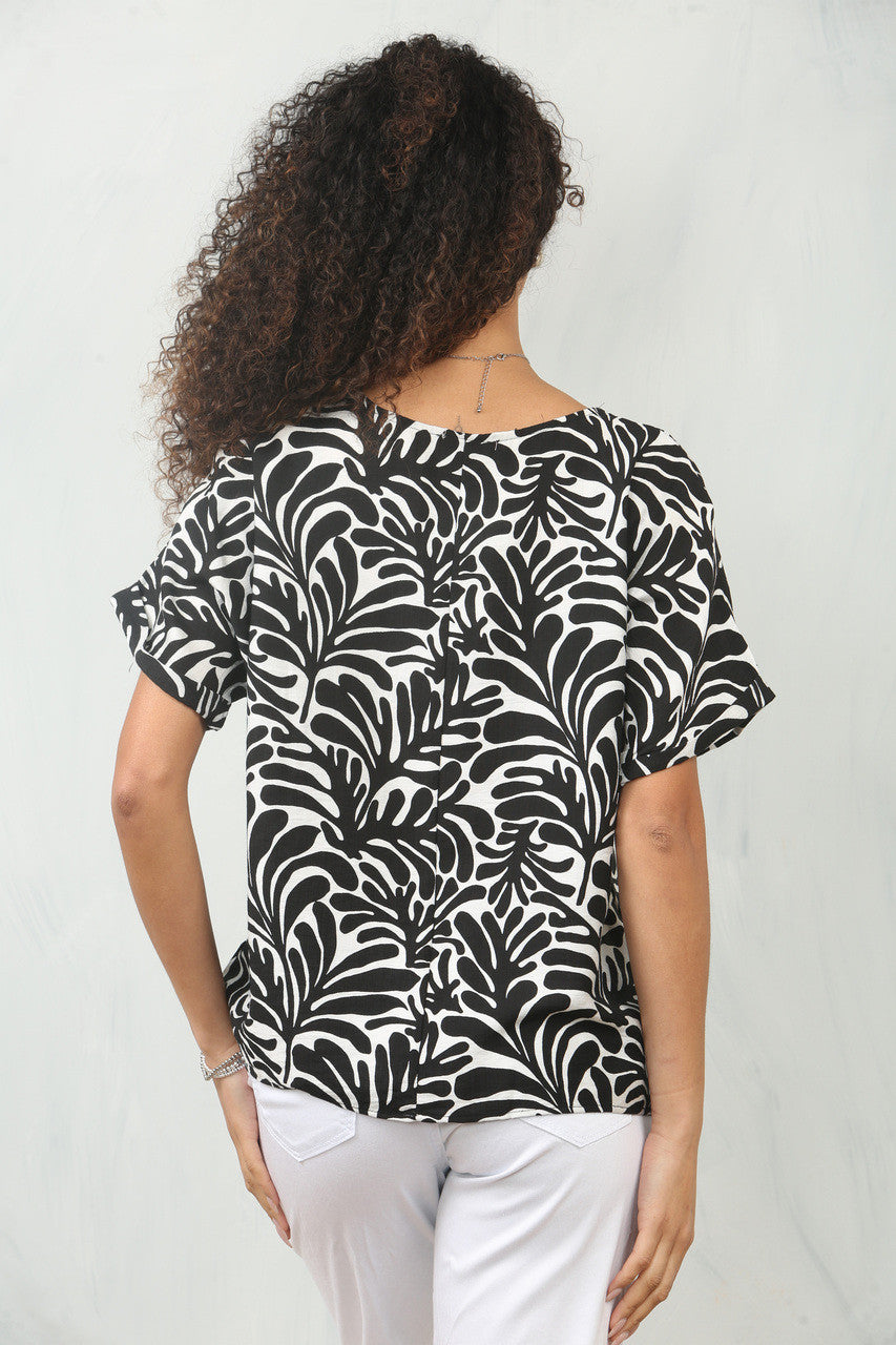 TOP MET BLADPRINT - ZWART