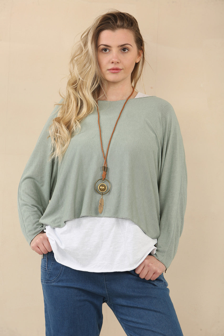 EFFEN TWEELAAGSE TOP MET KETTING - KHAKI